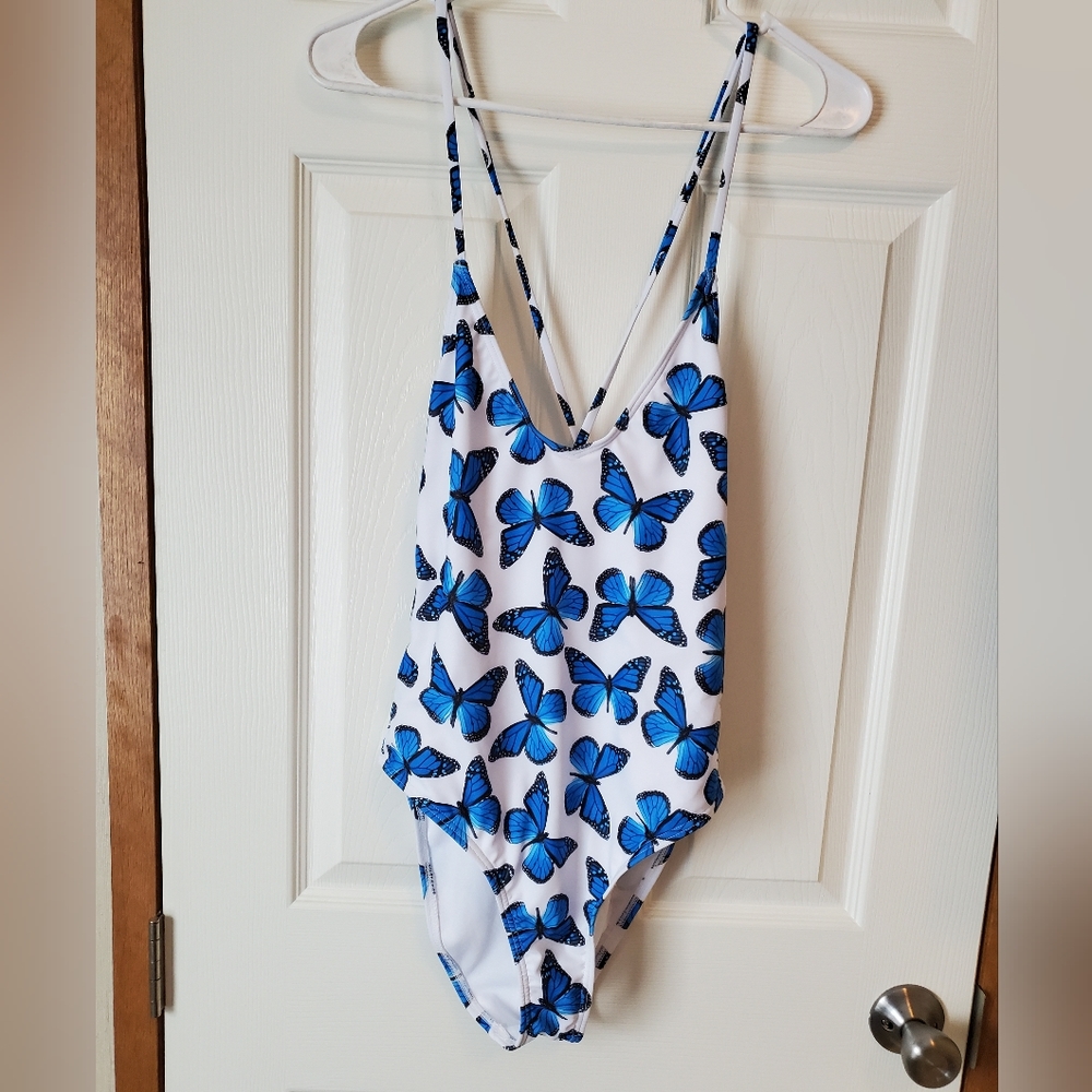 White and blue butterfly swimsuit